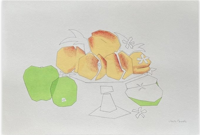 Still Life Peaches, Apples, and Flowers by Shelley Payette